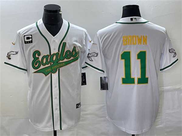 Men%27s Philadelphia Eagles #11 A. J. Brown White Gold With C Patch Cool Base Baseball Stitched Jersey->philadelphia eagles->NFL Jersey